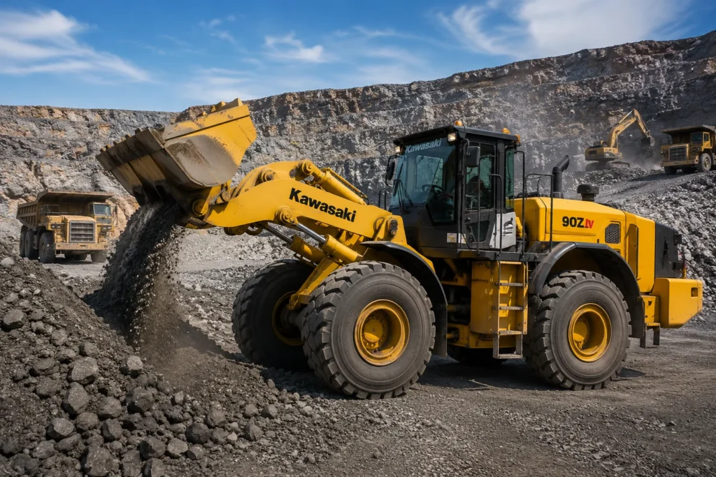 Xe xúc lật Kawasaki làm việc tại công trình và mỏ khai khoáng