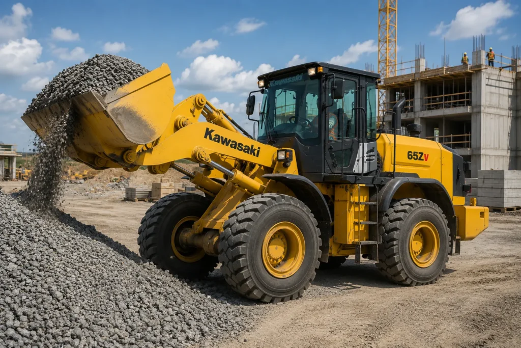 Xe xúc lật Kawasaki 65ZV dùng tại công trình xây dựng